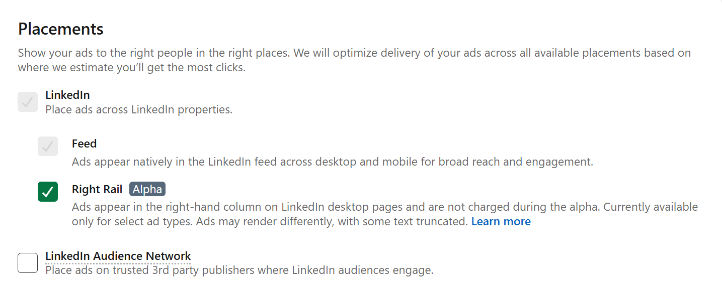 Placements-instelling in LinkedIn Campaign Manager met de Right Rail (Alpha) optie aangevinkt